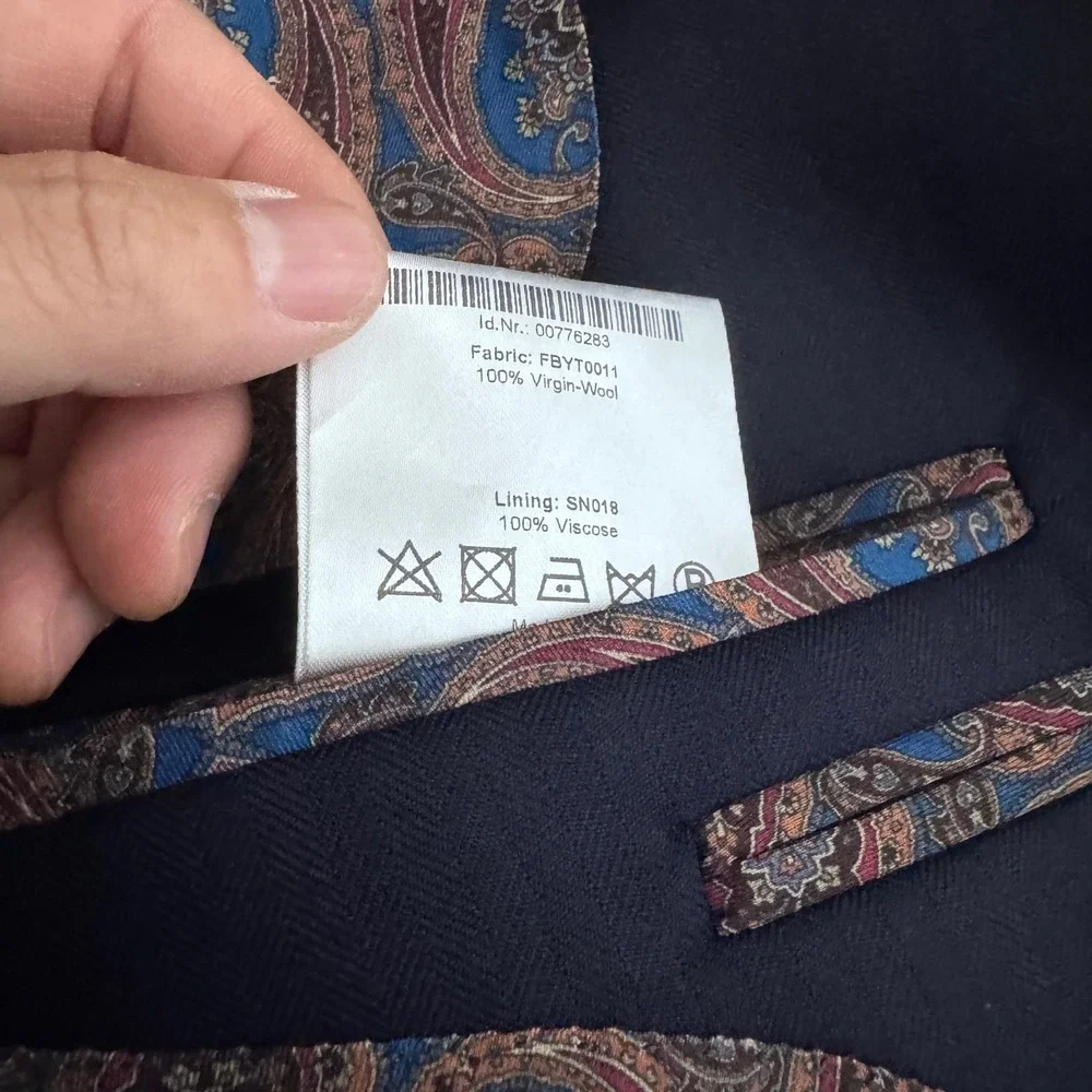 Suits & Co 3-Piece Suit Mens 48R 41x33‎ Navy Herringbone Wool Made to Measure